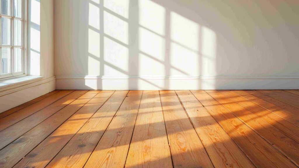 A vacant room with sunlight filtering through the window, casting soft light across the floor.