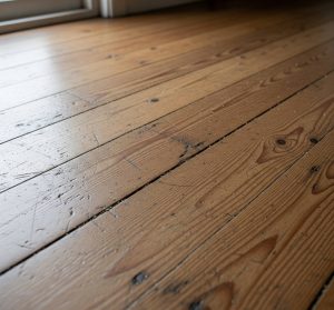 A close-up of wooden floor planks with a natural finish, featuring knots and grain patterns.